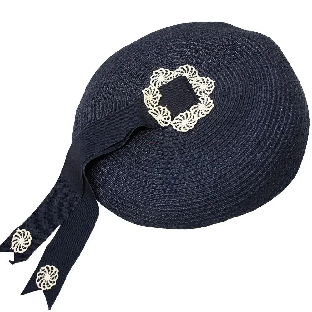 Vintage Marche Exclusive Navy Wide Straw Hat w Lace Ribbon Church Tea - Hey Viv - Picture 7 of 9